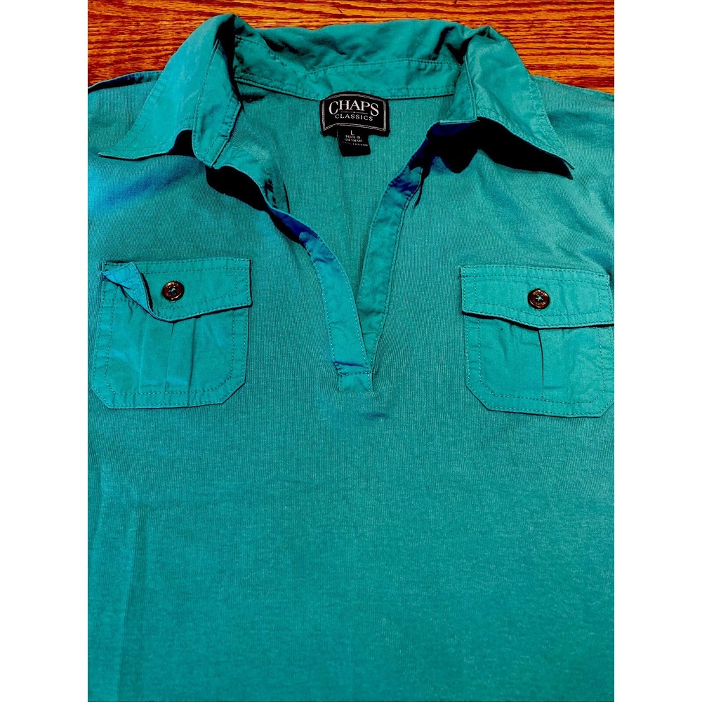 Vtg 80s Rare L Teal Ralph Lauren Chaps Collared Polo 2 Pkt SS Henley Shirt Top